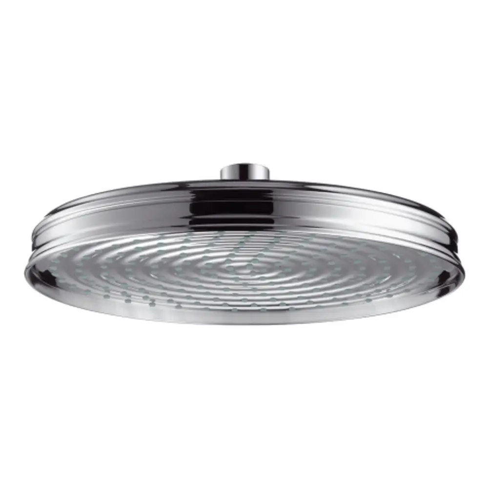 Kopfbadir von AXOR, rundes Design mit glatter Chromoberfläche und gleichmäßig verteilten Wasserjets für eine klassische Badezimmerinstallation.